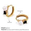 Golden stainless steel hoop earrings with white faux pearl and black rhinestone accents - Black And White Gold Hoop (EH1090BWG)