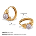 Golden stainless steel hoop earrings featuring grey imitation pearls for women - Gray Pearl Gold Hoop (EH1091GYG)