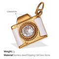 18K vergoldeter Edelstahl Kamera-Anhänger mit weißem Emaille und Glasstein - Gold Weiß Emaille Kamera Stil (PJ501WEG)