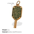 18K vergoldeter Edelstahl-Pickleball-Paddel-Anhänger mit grünen Strasssteinen - Gold Grün Strass Paddel Stil (PJ509GNG)