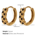 18K gold plated stainless steel hoop earrings with black micro-inlaid rhinestones - Leaf Relief-Black Rhinestone Gold (EH1112BKG)