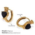 Gold stainless steel hoop earrings with black zircon heart and crown detail - Black Zirconia Crown Heart Style (EH1141BKG) / Gold