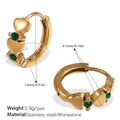 Golden stainless steel heart earrings with green zircon and 13mm outer diameter dimensions - Green Rhinestone Heart Hoop Style (EH1143GNG) / Gold