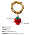 Golden elastic stainless steel ring featuring a red enamel strawberry charm pendant - US 8# (Adjustable) / Strawberry Style (JZ139G8#-PJ705RDG)