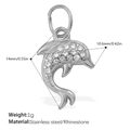 Sparkling rhinestone dolphin pendant in stainless steel measuring 14mm by 10.6mm - Dolphin Style / Silver