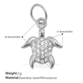 Sparkling sea turtle charm in stainless steel with rhinestone inlay and silver finish - Turtle Style / Silver