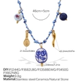 Handmade woven necklace with blue ceramic beads and gold stainless steel charms - Tennis Racket Ceramic Bead Horn Necklace (XL785BEG1)