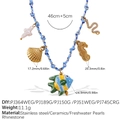 DIY charm necklace with blue braided rope featuring tropical fish and seashell pendants - Tropical Fish Seahorse Shell Pearl Necklace (XL785BEG2)