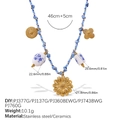 Ethnic blue braided necklace with stainless steel charms and ceramic beads - Sunflower Cross Disc Ceramic Bead Necklace (XL785BEG8)