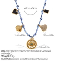 Blue woven necklace with evil eye and shell charms in polished stainless steel - Heart Gemstone Shell Evil Eye Necklace (XL785BEG9)