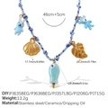 Blue woven necklace with cute ceramic charms including bunny and fish pendant - Rabbit Shell Fish Leaf Bear Necklace (XL785BEG10)