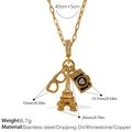 Gold stainless steel travel necklace with Eiffel Tower, camera and glasses charms - Glasses Tower Camera Style (PJ833G)