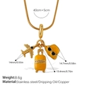 Golden travel themed necklace with airplane and luggage pendants in 40cm plus 5cm length - Airplane Suitcase Sunhat Style (PJ830G)
