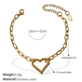 Golden hollow heart charm bracelet in stainless steel with measurement details - Heart Carabiner Thick Link Bracelet (SL204G)