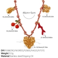 Pink braided cord necklace with multiple heart and cherry pendants in stainless steel - Heart Cherry Coral Necklace (XL785PKG1)