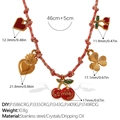 Pink braided cord necklace with 18K gold plated strawberry and cherry charms - Cherry Smile Heart Crown Clover Necklace (XL785PKG4)