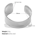 Polished silver stainless steel irregular wide cuff bracelet with size and weight specs - Silver