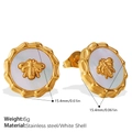 Golden round bee stud earrings with white mother of pearl and wavy edge, 15.4mm diameter - White Shell Bee Stud Earrings (EH507G)