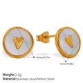 Golden stainless steel round earrings with white shell inlay and 3D heart design - White Shell Heart Stud Earrings (EH1186)