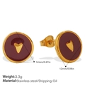 Burgundy enamel heart stud earrings in gold stainless steel finish, 12mm diameter - Red Enamel Heart Stud Earrings (EH1186)