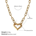 Polished 18k gold plated stainless steel chunky chain necklace with hollow heart pendant - Heart Pendant Elliptical Link Necklace (XL508G)