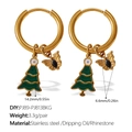 Goldene Edelstahl-Ohrringe mit grünem Tannenbaum und Schmetterling-Anhängern - Weihnachtsbaum Und Schwarzer Stein Schmetterling (EH1174G-PJ89-PJ813BKG)