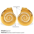 Vintage 18K gold plated stainless steel spiral snail earrings with faux pearls - White Pearl Gold (EH724WEG)