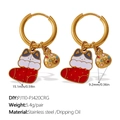 Gold stainless steel Christmas earrings featuring red stocking and colorful bag charms - Cat Xmas Stocking And Polka Dot Bag (EH1174G-PJ110-PJ420CRG)