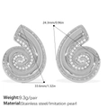 Silver stainless steel scroll earrings with imitation pearls and precise measurements - White Pearl Silver (EH817WES)