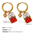 Stainless steel gold hoop earrings with cute white cat and paw oil drip pendants - Cat Paw And White Cat In Bag (EH1174G-PJ112-PJ169G)