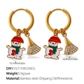 Stainless steel gold hoop earrings with white snowman pendant and rhinestone charms - Snowman And Rhinestone Cone (EH1174G-PJ127-PJ812WEG)