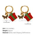 Gold stainless steel hoop earrings with black rhinestone butterfly and red gift box charms - Black Stone Butterfly And Gift Box (EH1174G-PJ130-PJ419BKG)