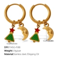 18K gold plated stainless steel hoop earrings with Christmas tree and crescent moon charms - Xmas Tree And Smiling Moon (EH1174G-PJ145G-PJ88)