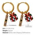 Christmas earrings with stainless steel gold hoop, green rhinestones and gift box pendant - Gemstone Bar And Tricolor Gift Box (EH1174G-PJ717CRG-PJ114)