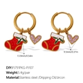 Golden stainless steel hoop earrings with red Christmas sock and pink zircon heart charms - Red Xmas Stocking And Pink Heart (EH1174G-PJ791PKG-PJ107)