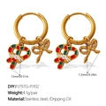 Christmas hoop earrings with stainless steel gold plating and colorful enamel pendants - Red Green Heart And Gold Bow (EH1174G-PJ797G-PJ102)