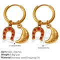 Orecchini in acciaio inossidabile placcato oro 18K con ciondoli a ferro di cavallo - Stile Ferro di Cavallo e Croissant (EH1174G-PJ101-PJ675G) / Stile Ferro di Cavallo e Croissant