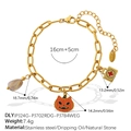 Gouden paperclip armband met bedels van pompoen, kruismedische kit en natuursteen - Pompoen Kruis Bedel Stijl (SL391G1)