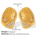 Golden irregular oval shell earrings with textured spiral patterns and double rhinestone rows - White Rhinestone Gold Earrings (EH789WEG)