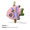 Pink ceramic fish pendant with blue waves and 18K gold plated stainless steel details - Painted Pink Fish Ceramic Pendant (PJ666PKG)