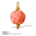 Pinkish-orange ceramic rose flower pendant with gold stainless steel bead and ring - Orange Pink Rose Style (PJ1133ORG)