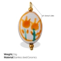 Pendentif étoile en céramique avec motif floral orange et anneau en acier inoxydable doré - Style Ovale Tulipe Orange (PJ358OEWG)