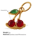 Gold stainless steel cherry pendant with red crystals and green leaf accent charms - Colorful Rhinestone Cherry Pendant (PJ1037RGG)