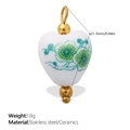 White heart-shaped ceramic pendant with green floral patterns and golden stainless steel beads - Cyan Floral Heart Style (PJ1001CRG)