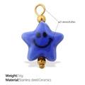 Blue ceramic star pendant with smile face and golden stainless steel hoop link - Blue Star Smiling Face Style (PJ1009NBG)