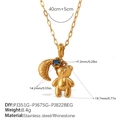 Gold layered necklace with bear pendant and blue rhinestone in stainless steel - Bear Horn Blue Stone (XL577G1.9MM-PJ351G-PJ675G-PJ822BEG)