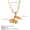 Golden stainless steel necklace with winged pig pendant and sparkling rhinestone cross - Flying Pig & Cross (XL577G3.3MM-PJ955WEG-PJ764G)