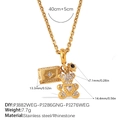Gold stainless steel necklace with rhinestone bear pendant and celestial rectangle charm - Star Tag & Bear (XL578G2MM-PJ882WEG-PJ286GNG-PJ276WEG)