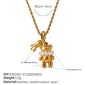 Golden stainless steel bear pendant necklace with imitation pearls and fish charm on chain - Artificial Pearl Bear & Little Fish (XL104G3.9MM-PJ920G-PJ1360WEG)