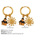Gouden roestvrijstalen oorringen met zwart en oranje huis hangers en zon gezicht detail - Spookhuis En Zon Stijl (PJ19G-PJ146G)